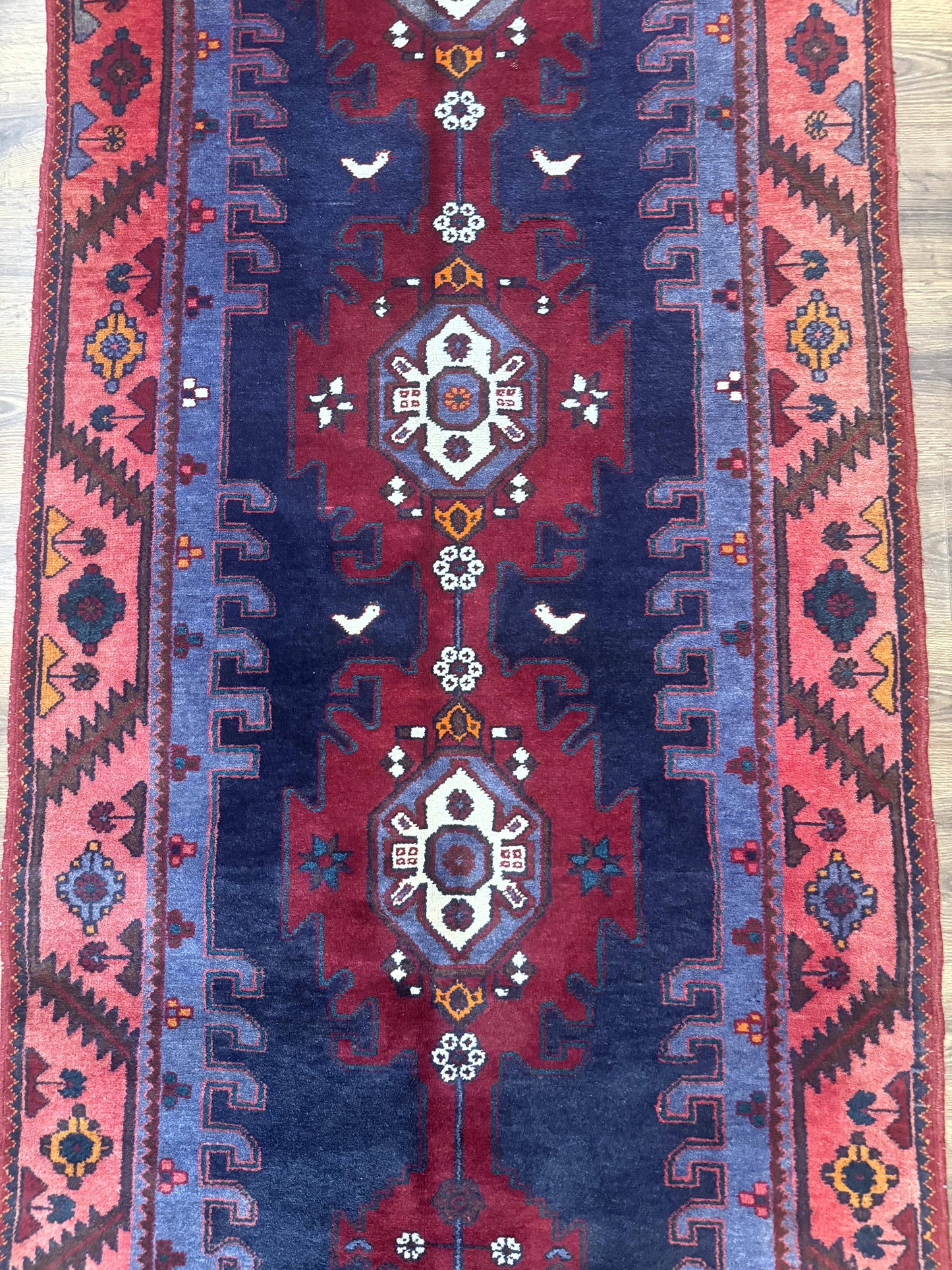 Persian Karajeh Runner Rug 3.6 x 9.5, Geometric Medallions, Tribal Village Rug, Navy Blue, Handmade - Nuvé