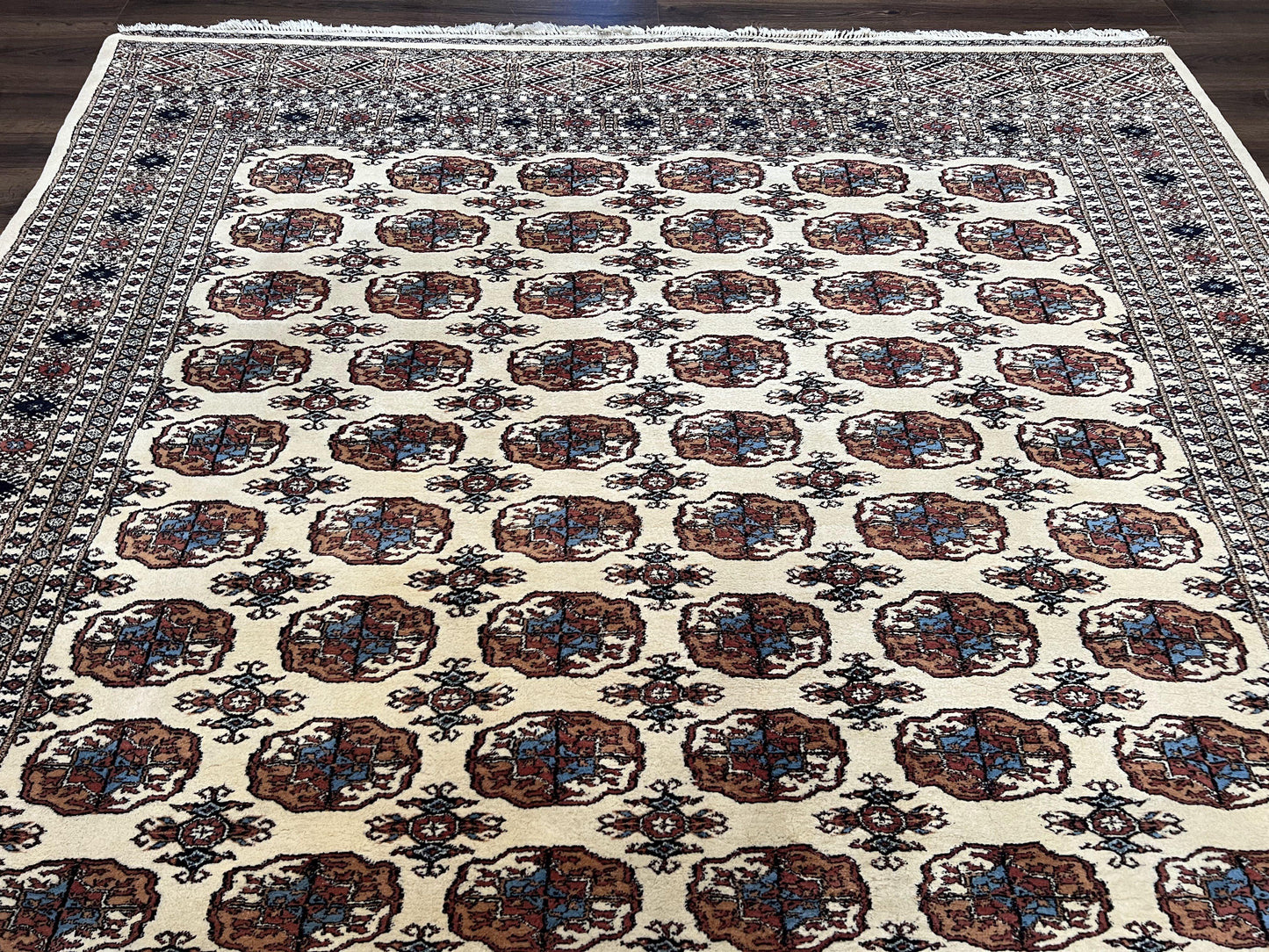 Pakistani Bokhara Rug 8x10, Traditional Turkoman Tribal Carpet, Allover Repeated Elephant Foot Motif, Ivory/Cream Black Red, Vintage Handmade - Nuvé