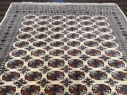 Pakistani Bokhara Rug 8x10, Traditional Turkoman Tribal Carpet, Allover Repeated Elephant Foot Motif, Ivory/Cream Black Red, Vintage Handmade - Nuvé