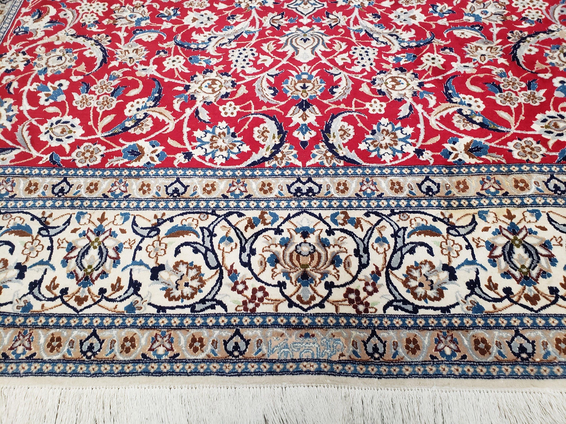 Persian Nain Rug 8x12, Red and Ivory, Signed - Nuvé