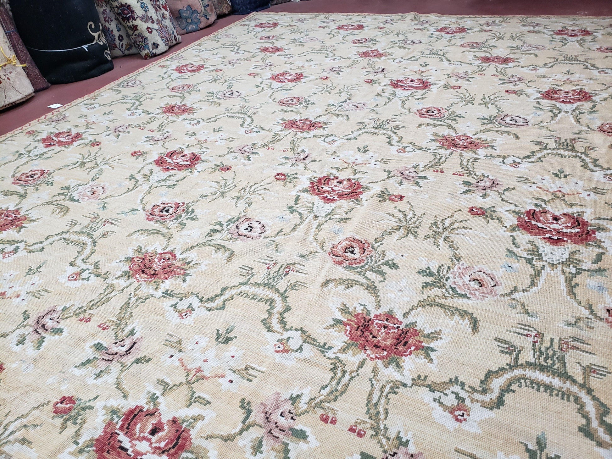 Needlepoint Rug 10x14 Wool Flatweave Carpet, English Floral Pattern, Pale Yellow, Roses, Allover Pattern, Handmade Large Needlepoint Nice - Nuvé
