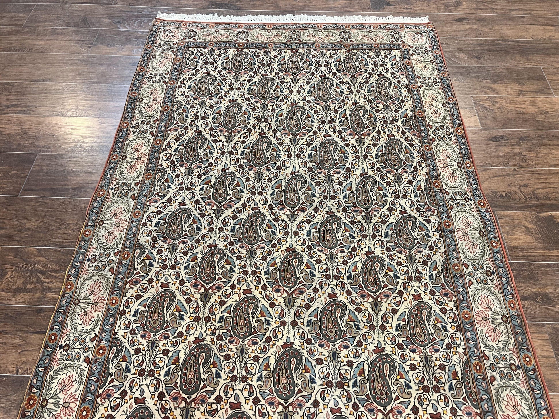 Persian Qum Rug 5x6, Cream Wool Hand Knotted Carpet, Repeated Boteh Paisely Design, Semi Antique Vintage Rug, Very Fine Weave 5 x 6 Rug - Nuvé