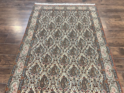 Persian Qum Rug 5x6, Cream Wool Hand Knotted Carpet, Repeated Boteh Paisely Design, Semi Antique Vintage Rug, Very Fine Weave 5 x 6 Rug - Nuvé