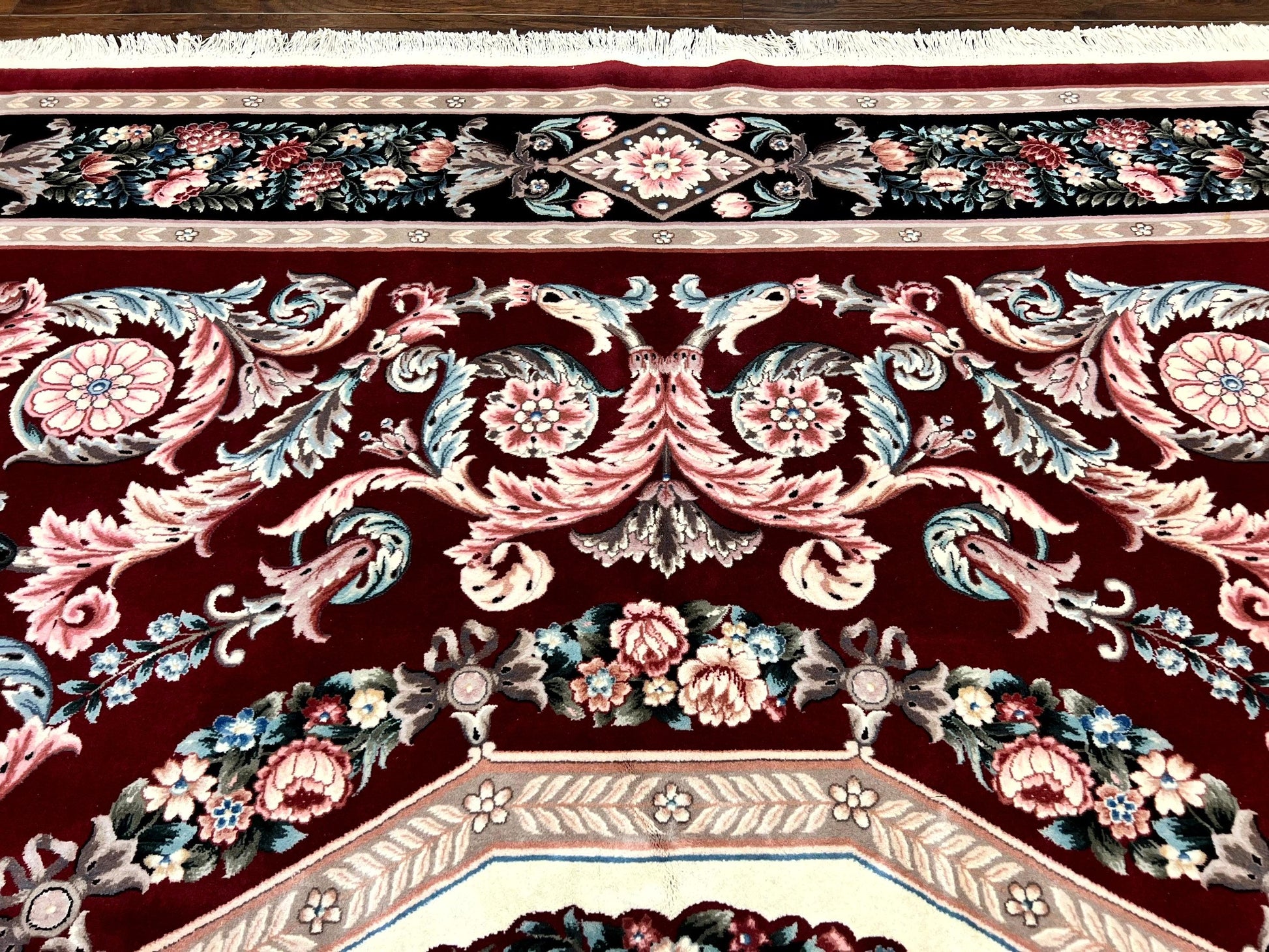 Chinese Aubusson Rug 9x12, Burgundy, Handmade Vintage Wool Carpet, Fine 210 KPSI, Elegant European Design - Nuvé