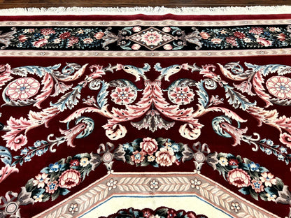 Chinese Aubusson Rug 9x12, Burgundy, Handmade Vintage Wool Carpet, Fine 210 KPSI, Elegant European Design - Nuvé