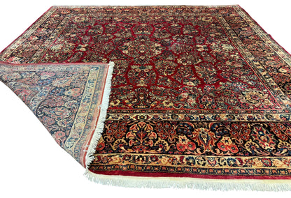 Persian Sarouk Rug 10x10, Square Persian Carpet, Red, Floral, Antique