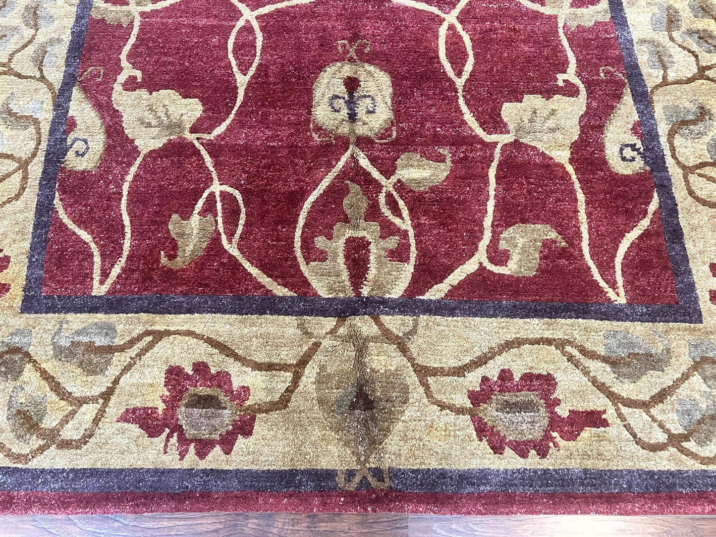 Tibetan Aubusson Rug 8x10, Maroon and Beige, Floral, Handmade, Wool, Vintage, Traditional Rug - Nuvé