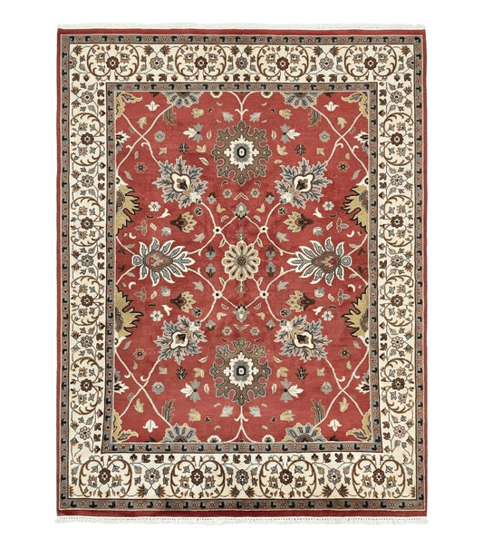 Indo Persian Rug 9x12, Wool Hand Knotted Vintage Carpet, Red & Ivory, Floral Allover, 9 x 12 Room Sized Rug
