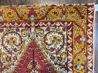 Antique Turkish Prayer Rug 3x5, Hand Knotted Turkish Melas Oushak Wool Carpet, Mehrab Rug, Orange & Red Vintage Rug 3 x 5 Collectible - Nuvé