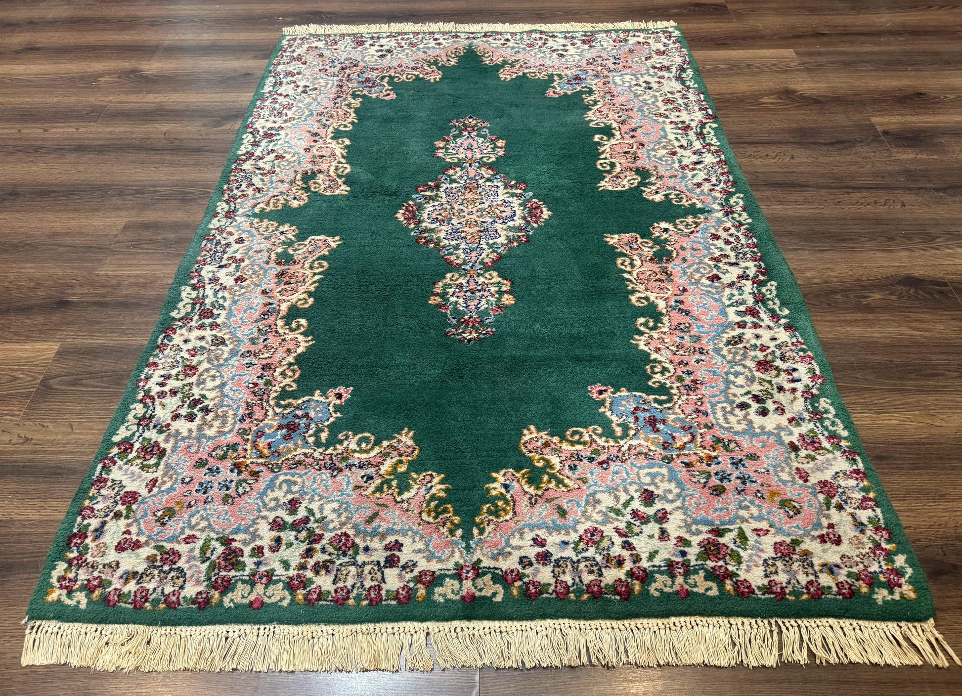 Persian Kerman Rug 4x6, Green Ivory Pink, Wool Vintage, Semi Open Field - Nuvé