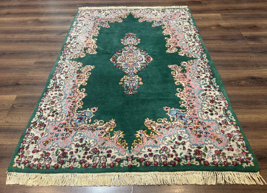 Persian Kerman Rug 4x6, Green Ivory Pink, Wool Vintage, Semi Open Field - Nuvé