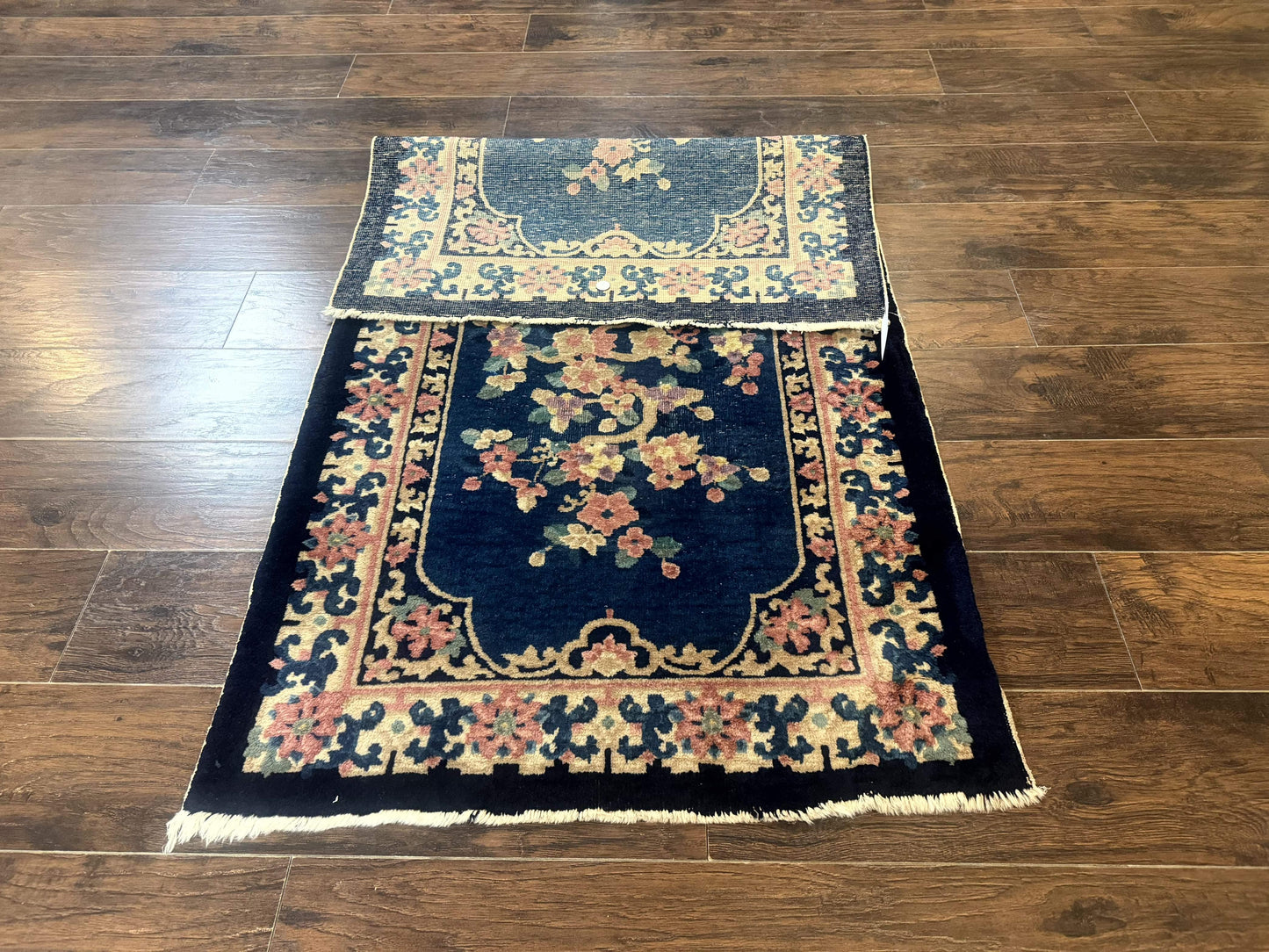 Blue and Beige Chinese Wool Rug 3x6, Chinese Fete Rug, Peking Rug, Antique Chinese Carpet - Nuvé