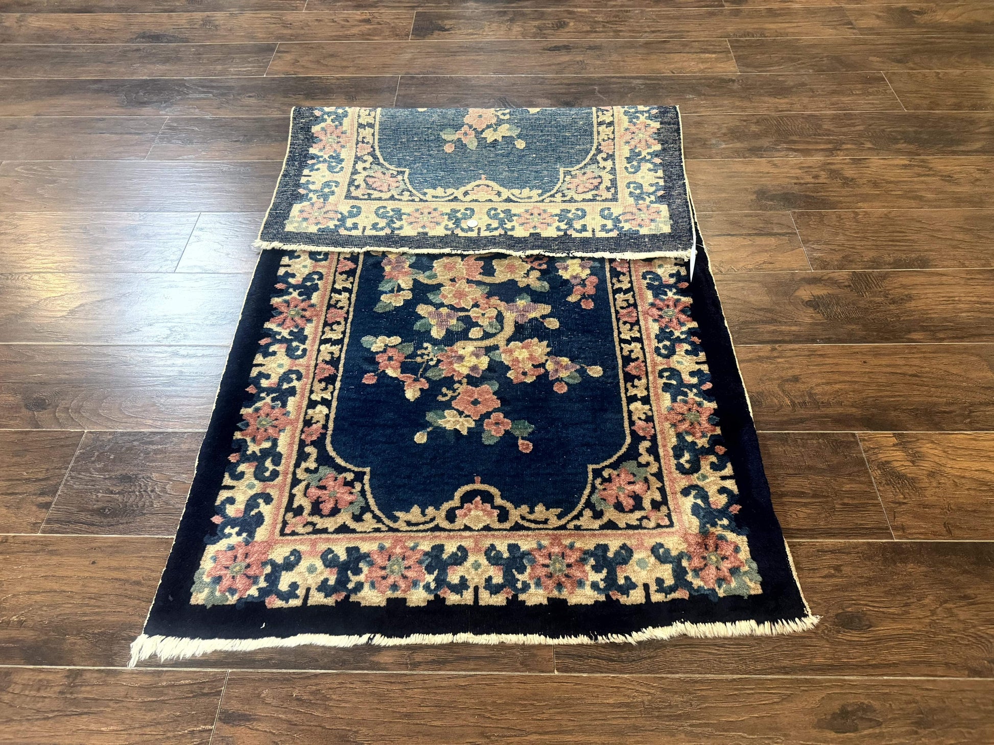 Blue and Beige Chinese Wool Rug 3x6, Chinese Fete Rug, Peking Rug, Antique Chinese Carpet - Nuvé
