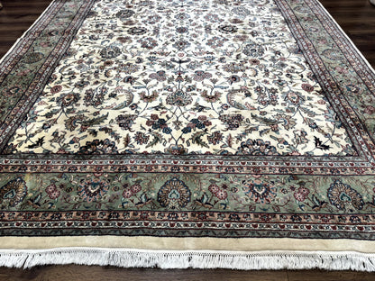 Indo Persian Rug 9x12, Allover Floral Pattern, Ivory & Green, Traditional Oriental Carpet - Nuvé