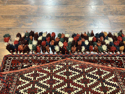 Antique Turkoman Camel Trapping, Turkoman Asmalyk, Red Black Ivory, Handmade, Hand Knotted Tribal Collectible Rug, Rare - Nuvé