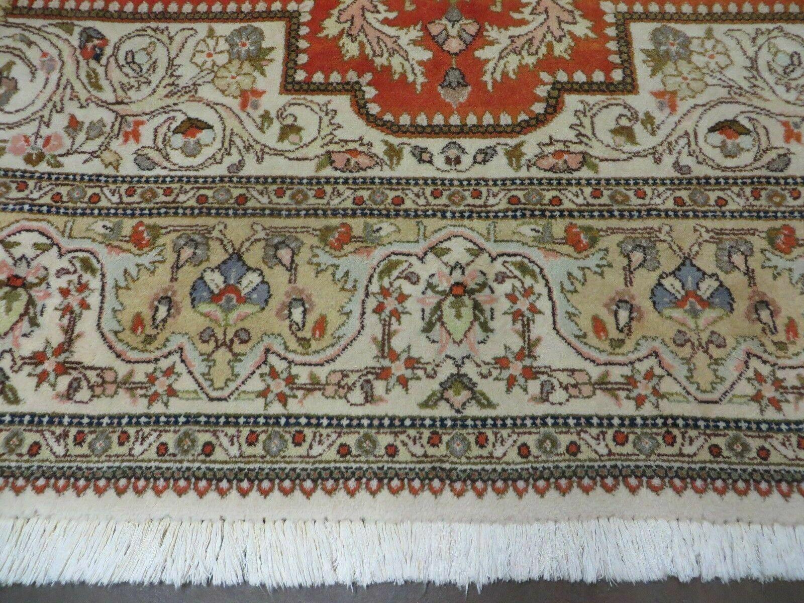 Vintage Persian Tabriz Rug 9x12, Tabatabaie Rug 9x12 Carpet, Handmade Hand Knotted Wool Area Rug, Tomato Red Beige, Medallion Rug, Floral - Nuvé