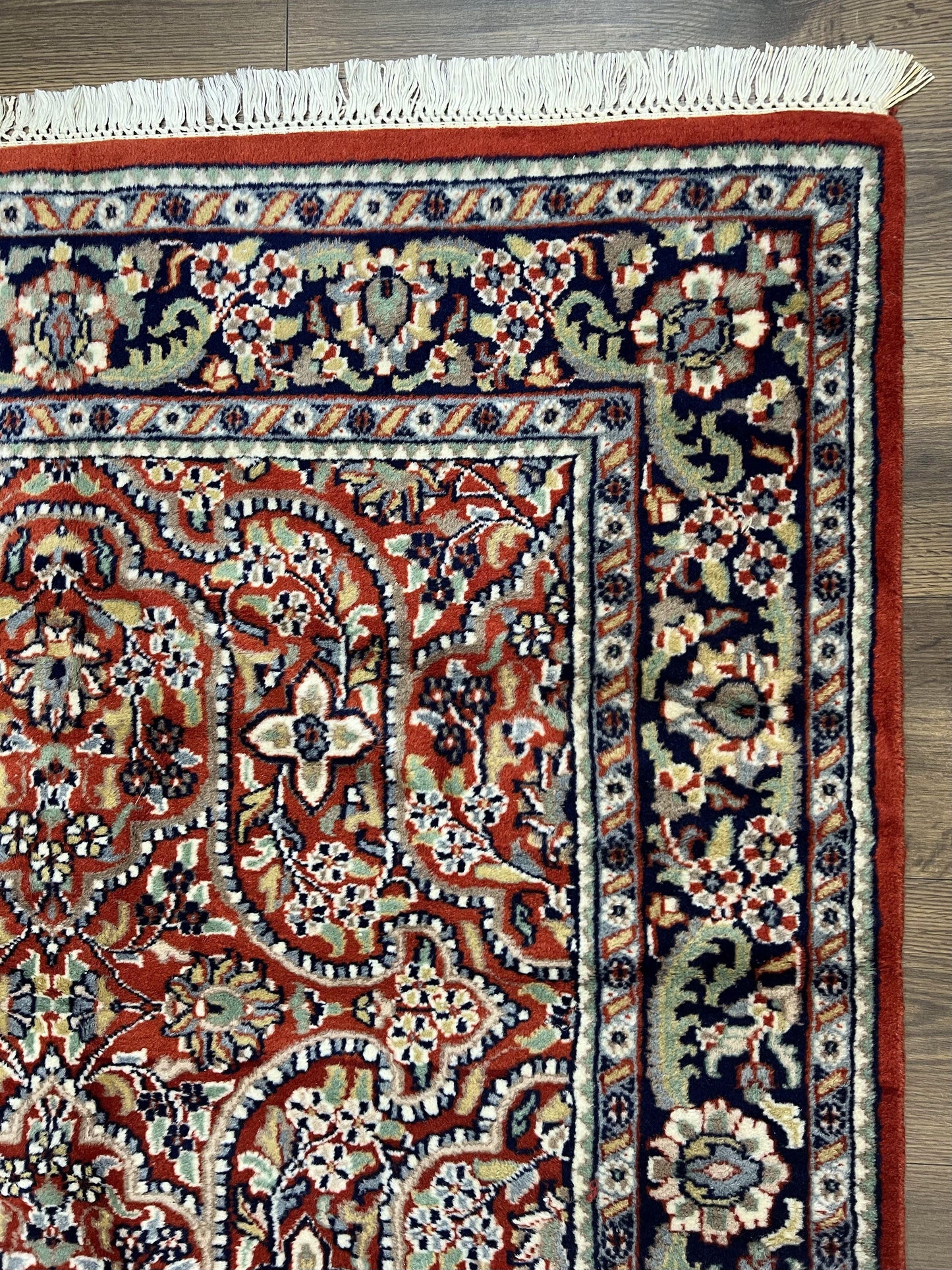 Indo Persian Rug 4x7, Allover Floral Oriental Carpet, Red and Navy Blue, Hand Knotted Indian Kashmiri Traditional Vintage Area Rug 4 x 7 ft - Nuvé