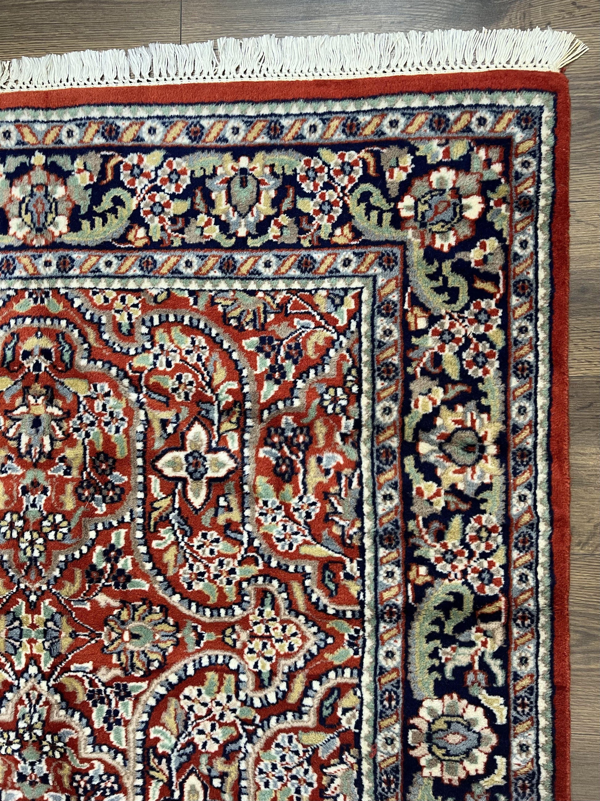 Indo Persian Rug 4x7, Allover Floral Oriental Carpet, Red and Navy Blue, Hand Knotted Indian Kashmiri Traditional Vintage Area Rug 4 x 7 ft - Nuvé