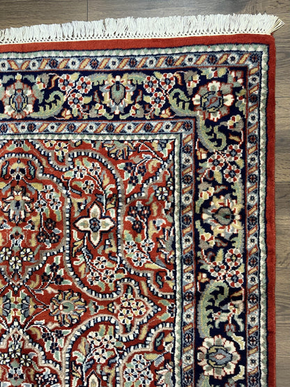 Indo Persian Rug 4x7, Allover Floral Oriental Carpet, Red and Navy Blue, Hand Knotted Indian Kashmiri Traditional Vintage Area Rug 4 x 7 ft - Nuvé