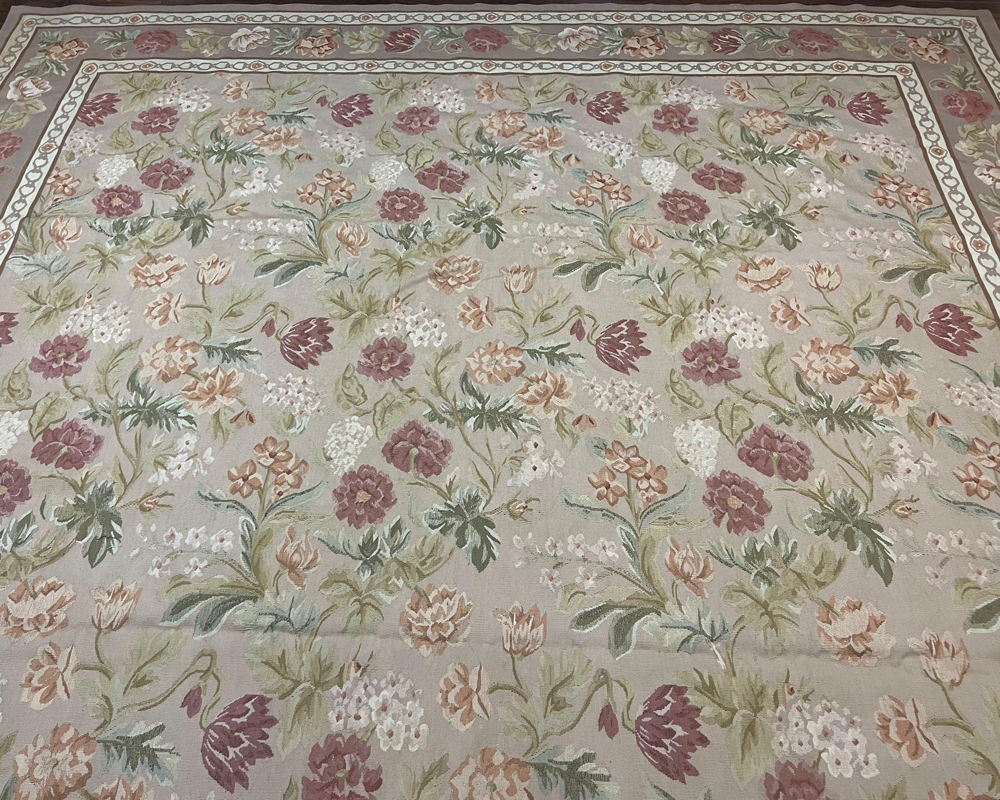 Aubusson Rug 9x12, Pink Beige Light Mauve, Handmade Allover Floral Roses, Wool Flatweave Carpet 9 x 12 ft, European French Design, Elegant - Nuvé