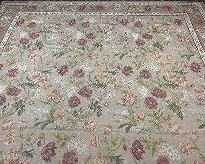 Aubusson Rug 9x12, Pink Beige Light Mauve, Handmade Allover Floral Roses, Wool Flatweave Carpet 9 x 12 ft, European French Design, Elegant - Nuvé