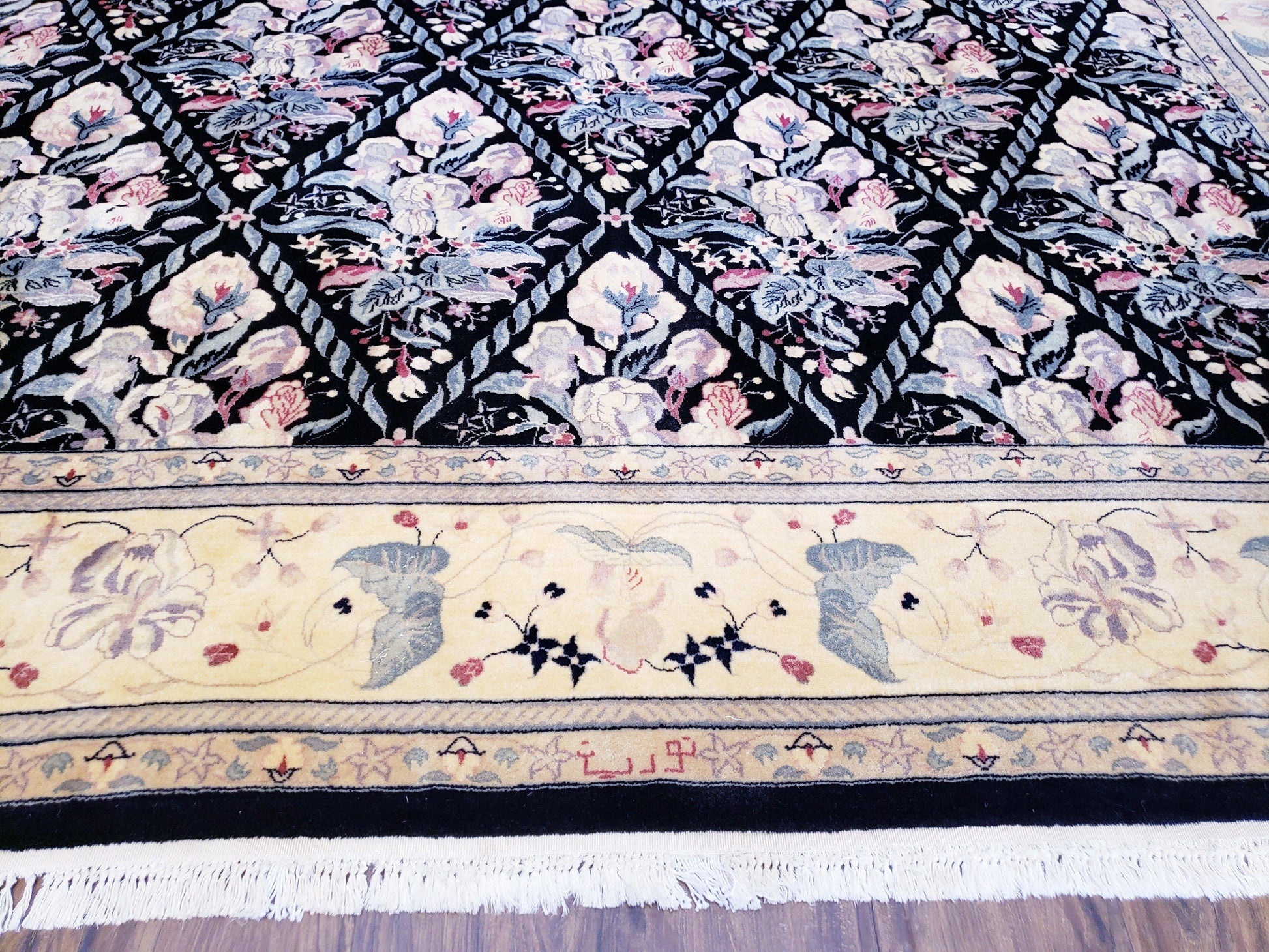Black Kirman Rug, 8x11 - 9x12 Rug, Sino-Persian Rug, Floral Oriental Carpet, Handmade Rug, Black and Ivory Rug, Room Sized Area Rug, Wool - Nuvé