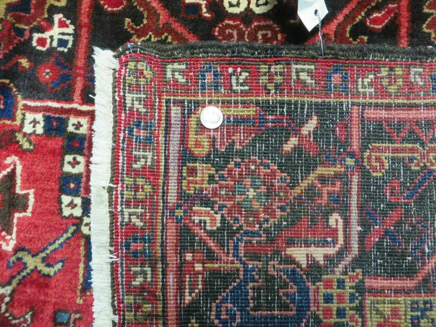 Wonderful Persian Heriz Rug 8.6 x 11, Geometric Heriz Carpet, Semi Antique Decorative Area Rug, Red Ivory Dark Blue Handmade Wool Room Sized - Nuvé