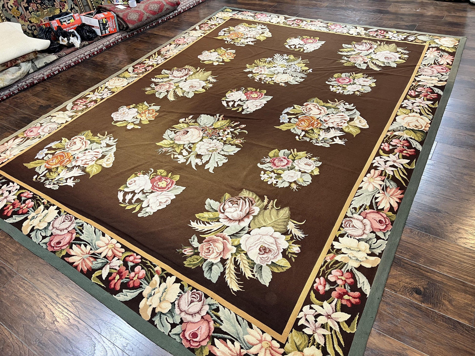 Vintage Needlepoint Rug 9x12, Large Handmade Hand-woven Needlepoint Carpet, Brown Area Rug, Floral Bouquets, Wool Rug, European Design - Nuvé