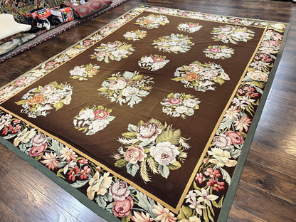 Vintage Needlepoint Rug 9x12, Large Handmade Hand-woven Needlepoint Carpet, Brown Area Rug, Floral Bouquets, Wool Rug, European Design - Nuvé