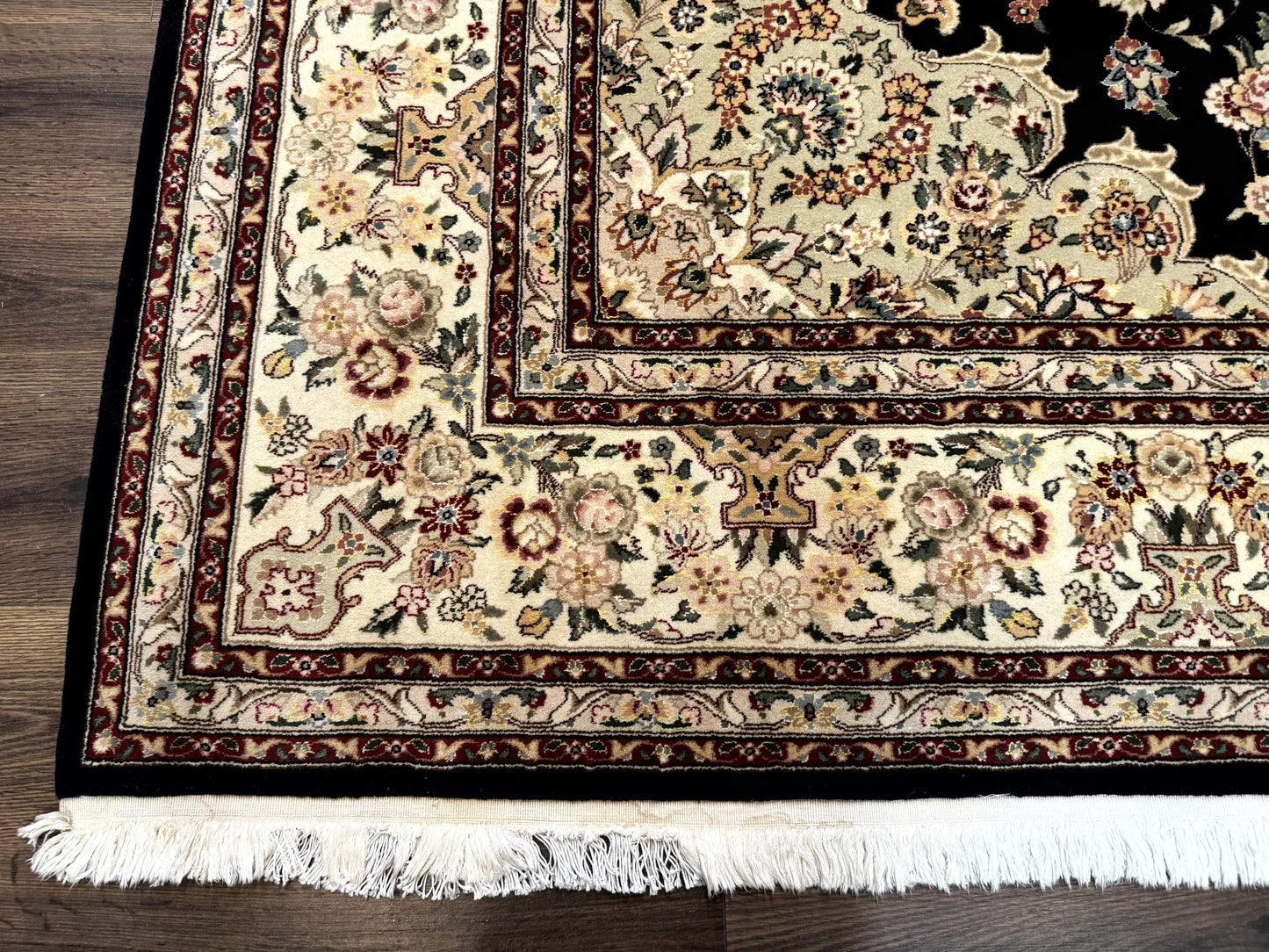 Sino Persian Rug 9x12, Black and Beige, Floral Medallion, Wool & Silk, Handmade - Nuvé