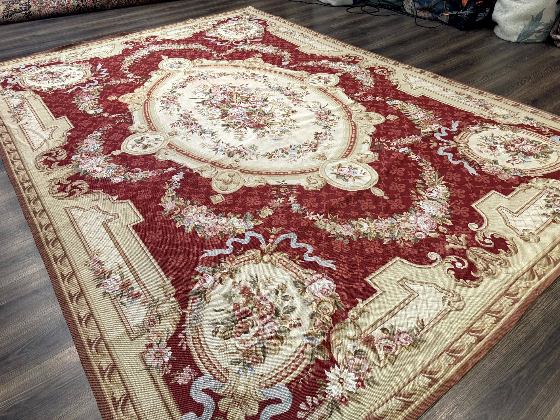 Aubusson Rug 8x11, Needlepoint Carpet, Red Ivory Beige, Vintage, French European Design - Nuvé