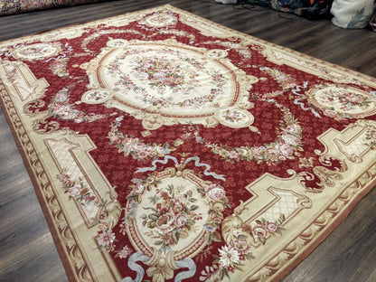 Aubusson Rug 8x11, Needlepoint Carpet, Red Ivory Beige, Vintage, French European Design - Nuvé