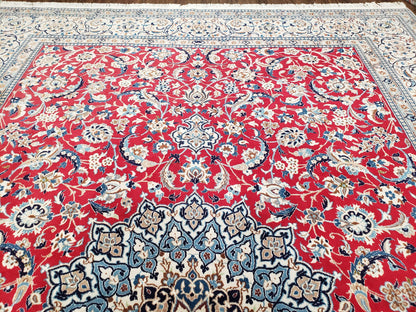 Persian Nain Rug 8x12, Red and Ivory, Signed - Nuvé