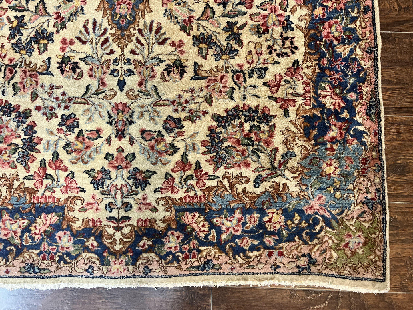 Antique Persian Kirman Rug 4x7, Cream and Navy Blue, Hand Knotted Wool Floral Carpet - Nuvé