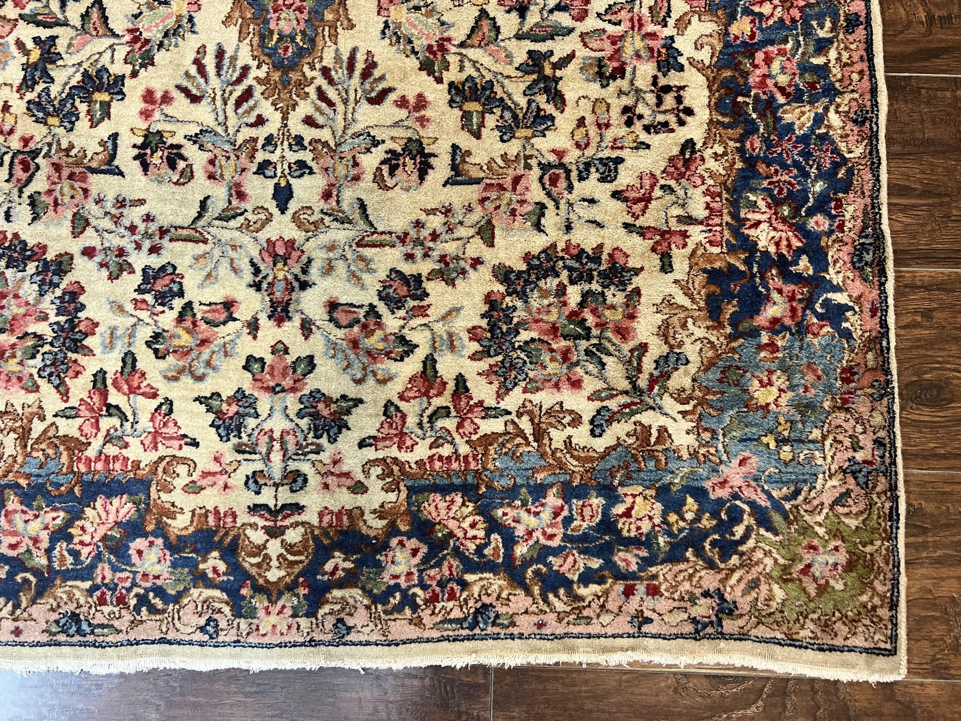 Antique Persian Kirman Rug 4x7, Cream and Navy Blue, Hand Knotted Wool Floral Carpet - Nuvé