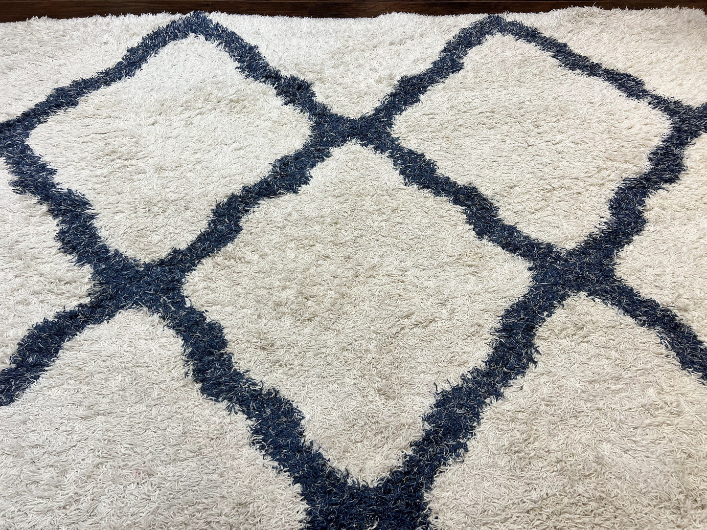 Modern Shag Rug 9x12, Ivory and Dark Blue, Diamond Pattern, Soft, Room Sized, Contemporary Rug, Plush
