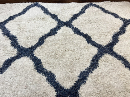 Modern Shag Rug 9x12, Ivory and Dark Blue, Diamond Pattern, Soft, Room Sized, Contemporary Rug, Plush