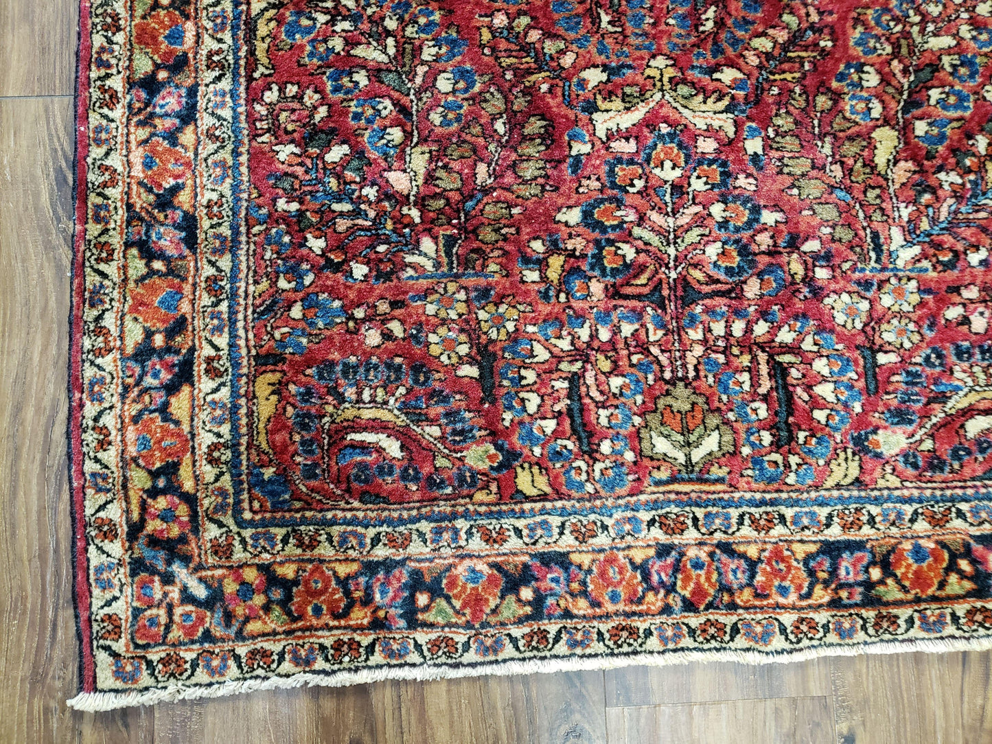 Antique Persian Sarouk Rug, Red, Allover Floral Pattern, Hand-Knotted, Wool, 3'4" x 4'10" - Nuvé