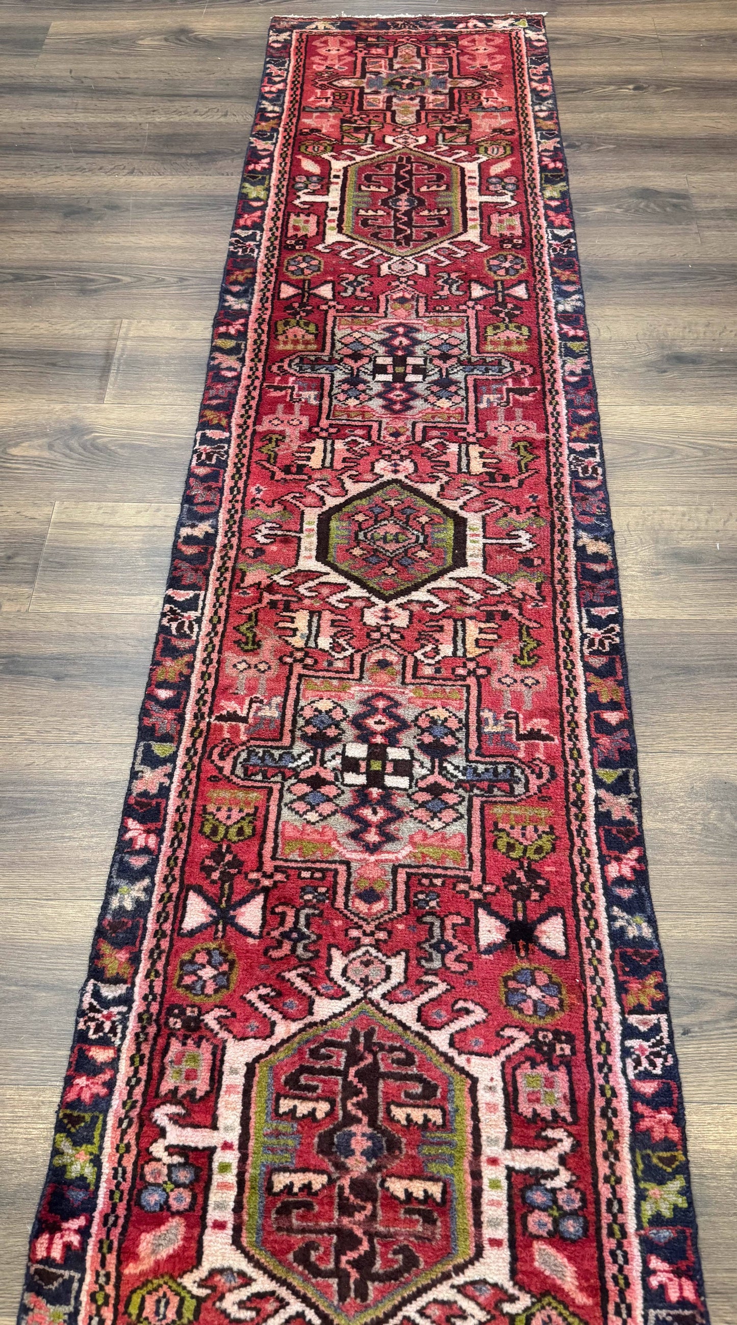 Persian Heriz Karajeh Runner Rug 2x9, Geometric Medallions, Red Navy Blue, 2 x 9 Rug for Hallway