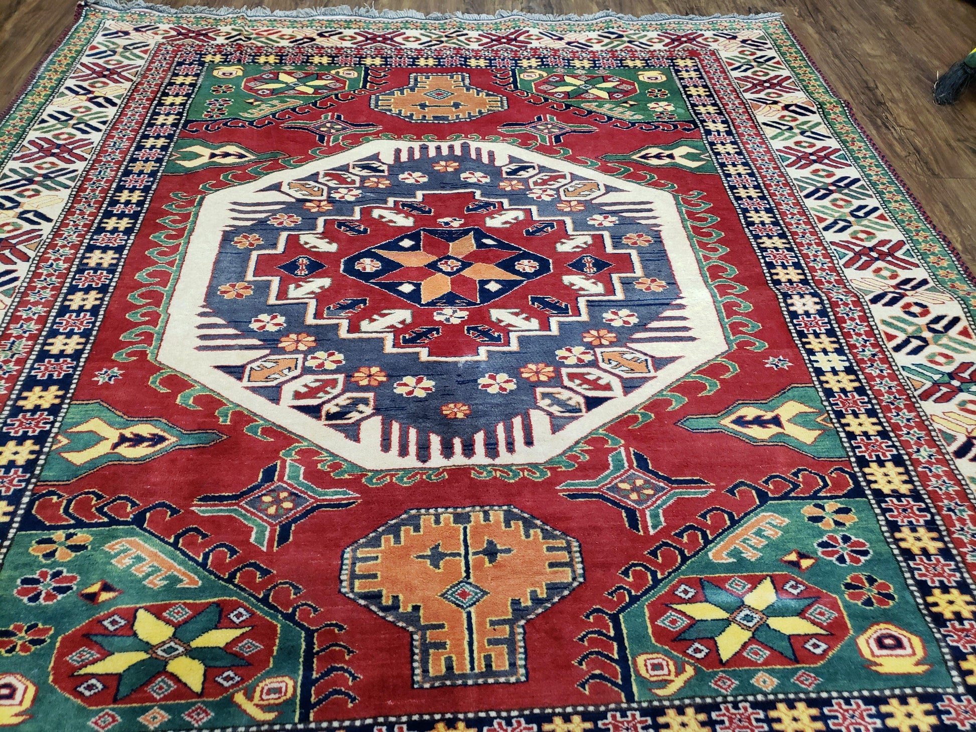 Vintage Turkish Kazak Area Rug, 6ft Square Rug, 6x6 Square Oriental Carpet, Hand-Knotted, Wool, Bold Colors, Red Blue Green, Geometric Rug - Nuvé