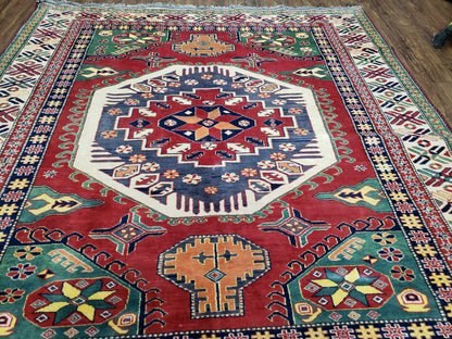 Vintage Turkish Kazak Area Rug, 6ft Square Rug, 6x6 Square Oriental Carpet, Hand-Knotted, Wool, Bold Colors, Red Blue Green, Geometric Rug - Nuvé