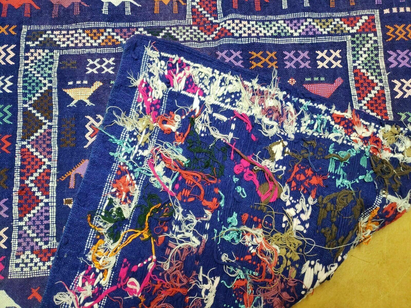 3' X 7' Vintage Handmade Indian Wool Kilim Flat weave Rug Camel Birds Blue Geometric Short Runner - Nuvé
