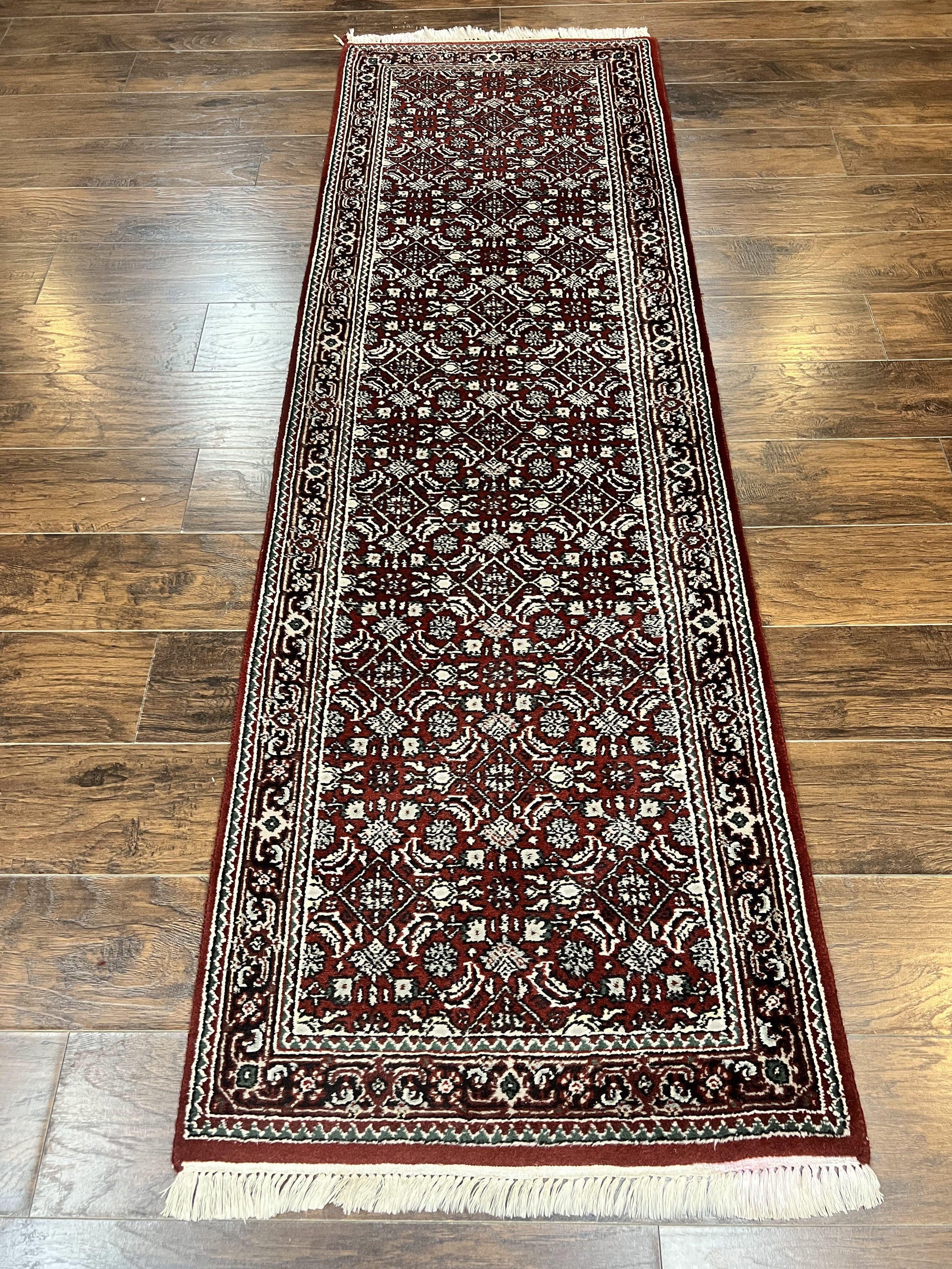 Indo Persian Runner Rug 2.7 x 8, Wool Hand Knotted Vintage Carpet, Red Black, Herati Allover Pattern, Oriental Runner, Rug for Hallway - Nuvé