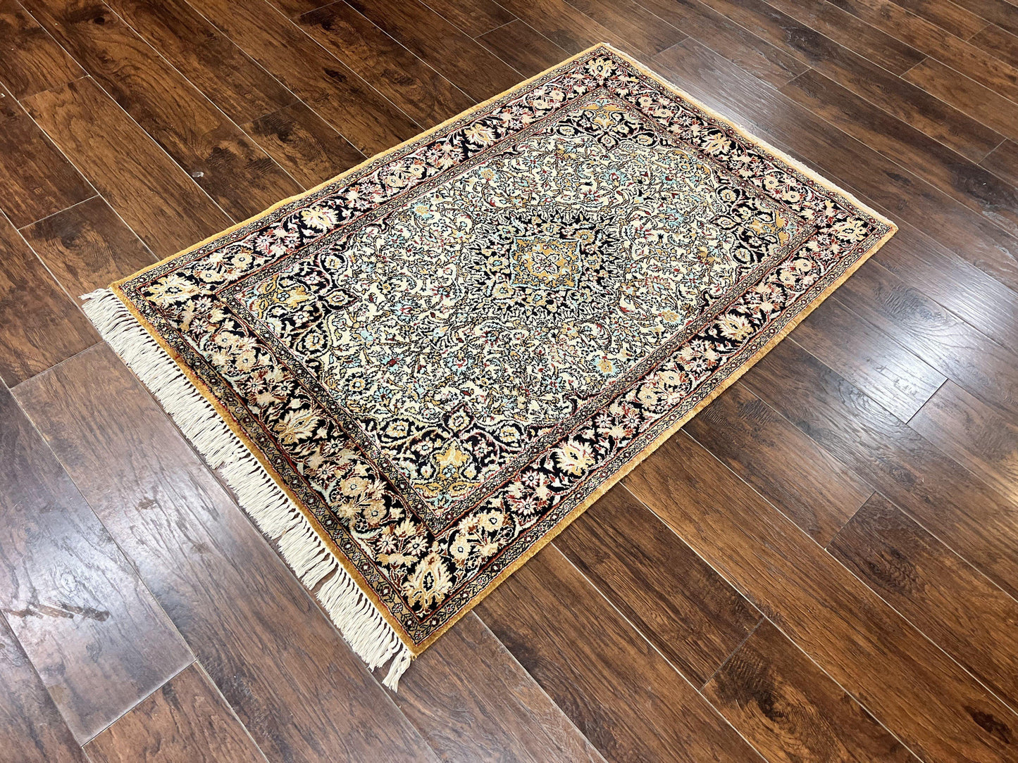 Silk Persian Qum Rug 4x5, Hand Knotted Vintage Carpet, Cream & Navy Blue, Silk Pile on Silk Foundation, Very Fine 360 KPSI - Nuvé