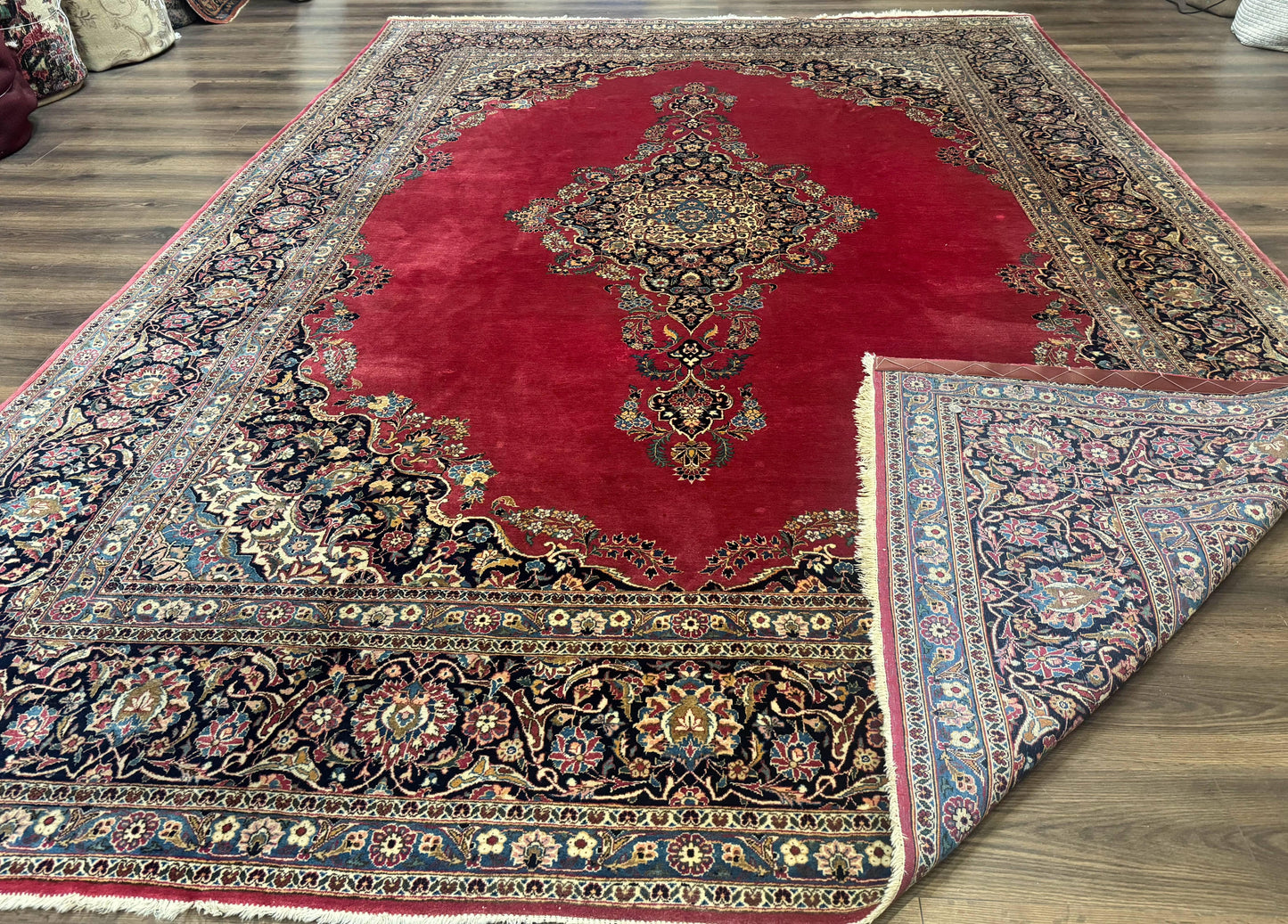 Persian Kashan Rug 9x12, Traditional, Semi Open Field, Red, Signed By Master Weaver, Antique Rug - Nuvé