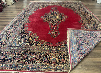 Persian Kashan Rug 9x12, Traditional, Semi Open Field, Red, Signed By Master Weaver, Antique Rug - Nuvé