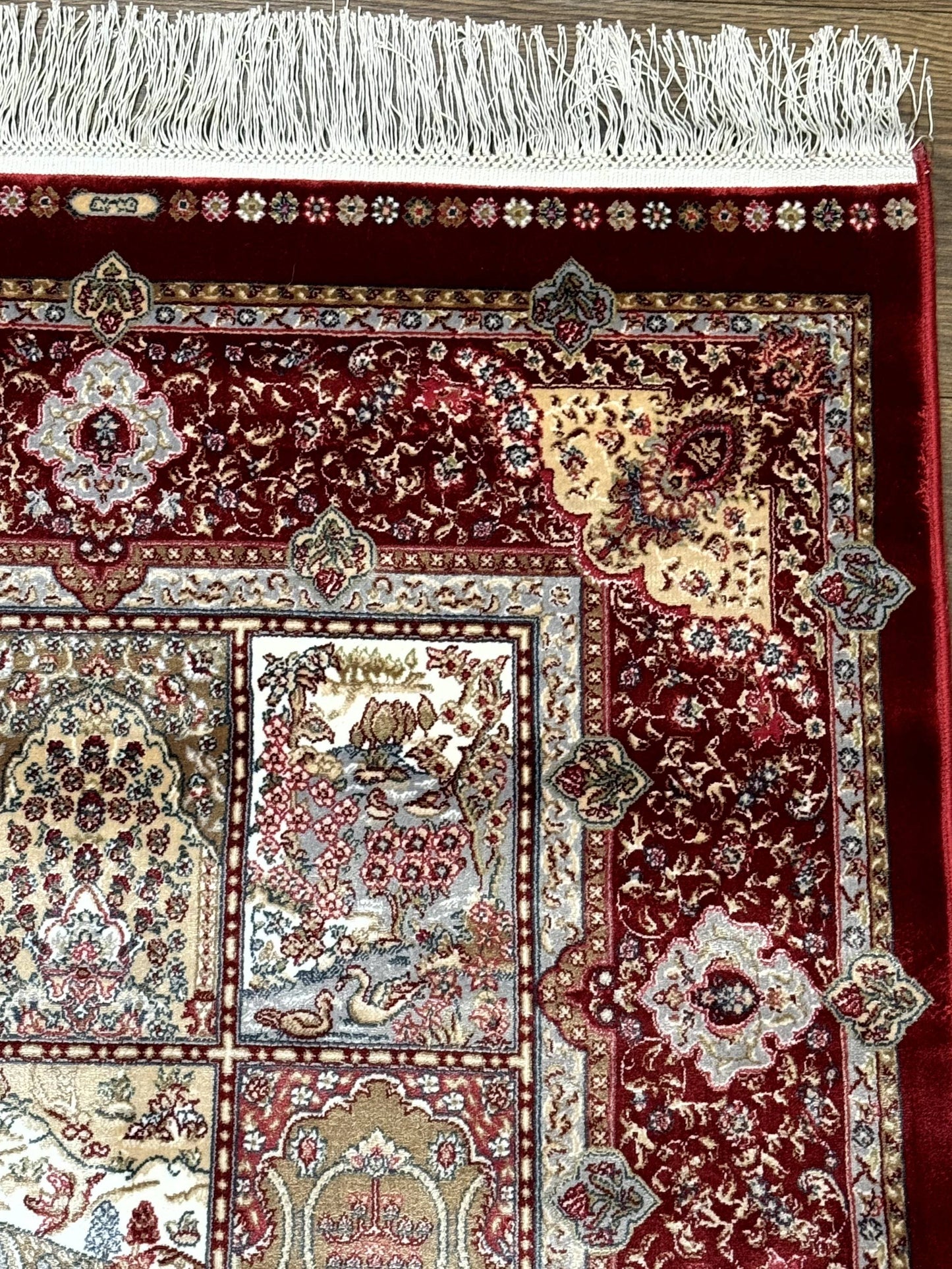 Turkish Silk Runner Rug 2.6 x 11.6, Panel Design, Dark Red Ivory, Bamboo Silk, New - Nuvé