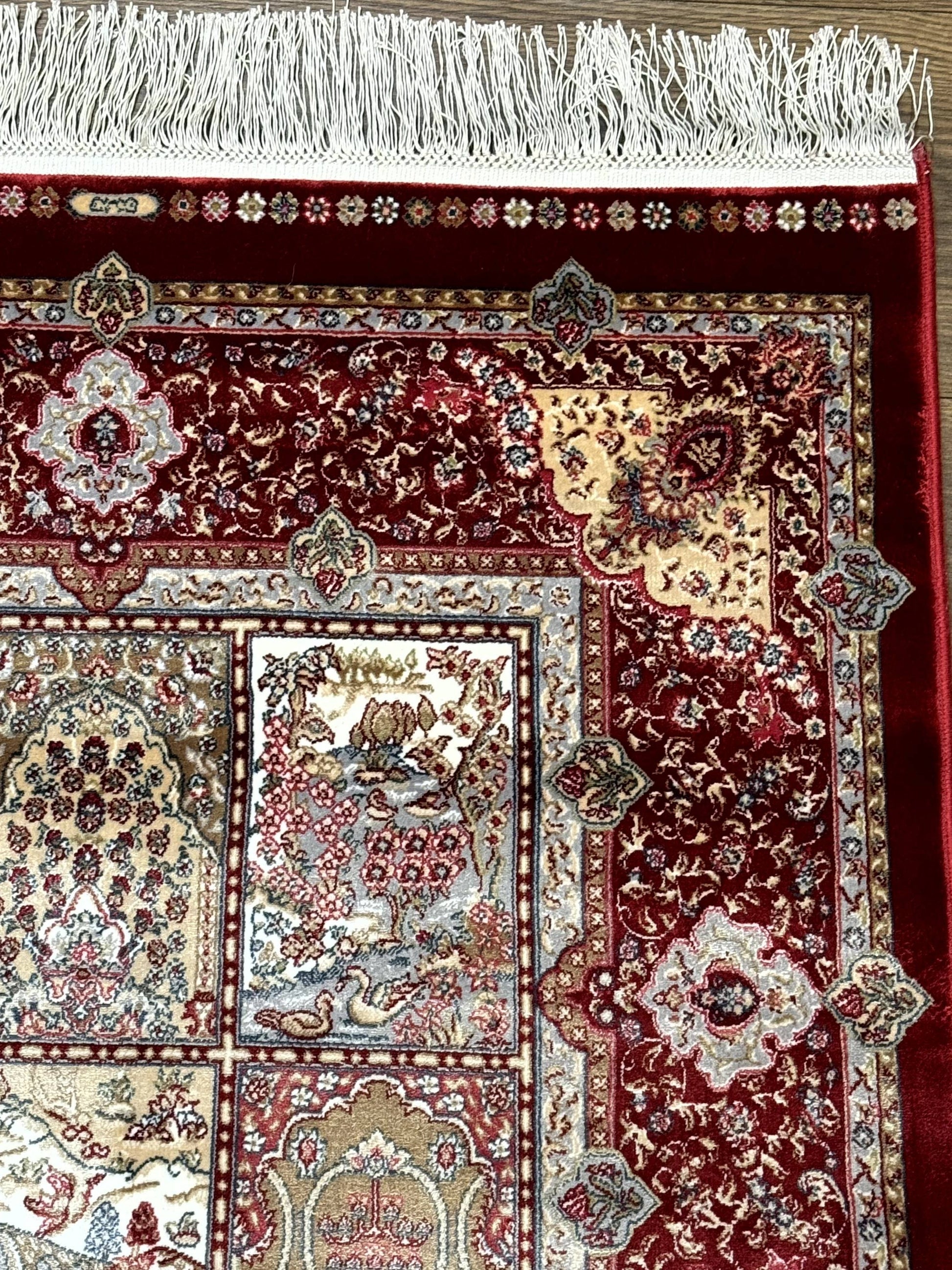 Turkish Silk Runner Rug 2.6 x 11.6, Panel Design, Dark Red Ivory, Bamboo Silk, New - Nuvé