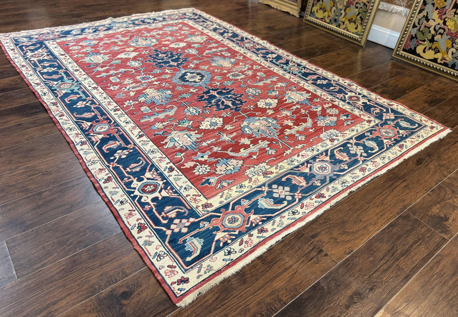 Turkish Flatweave Rug 6x9, Heriz Design, Red and Blue - Nuvé