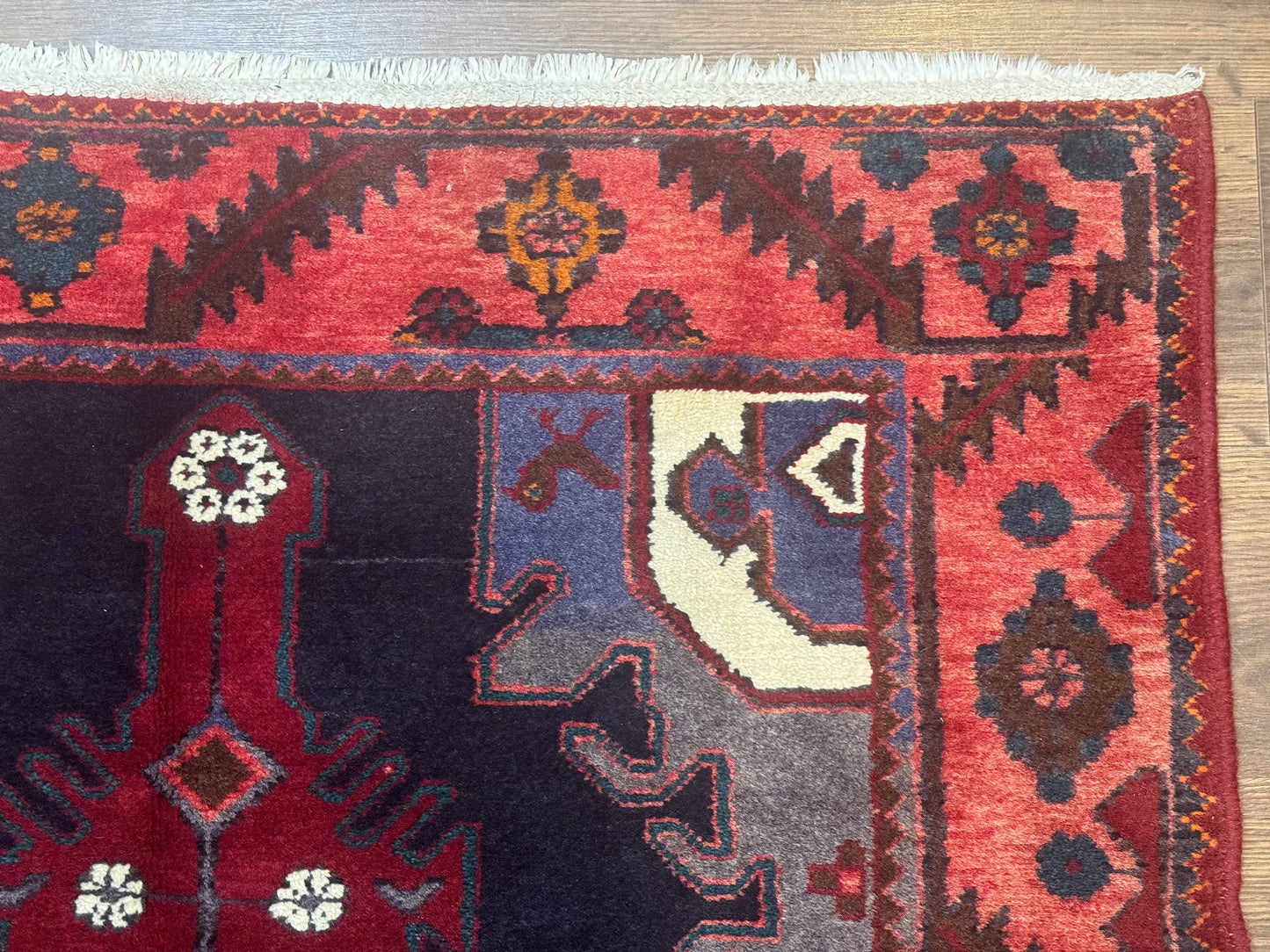 Persian Karajeh Runner Rug 3.6 x 9.5, Geometric Medallions, Tribal Village Rug, Navy Blue, Handmade - Nuvé